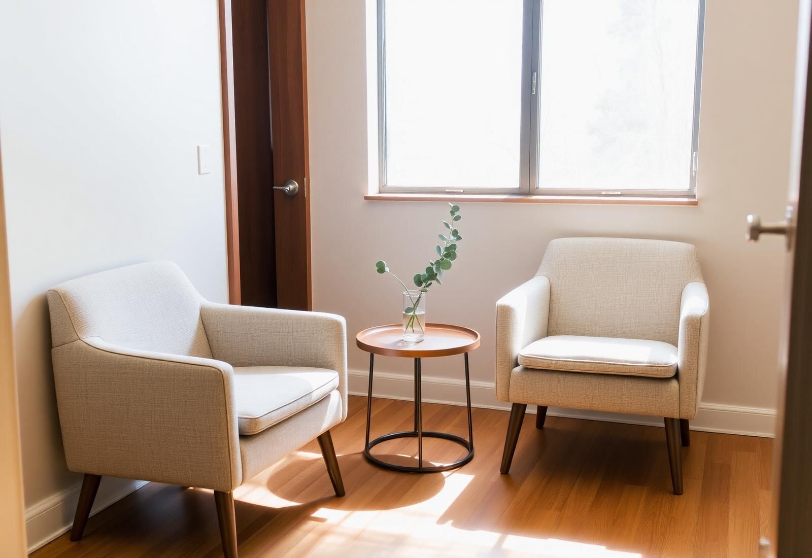 A calm therapy office with two upholstered chairs